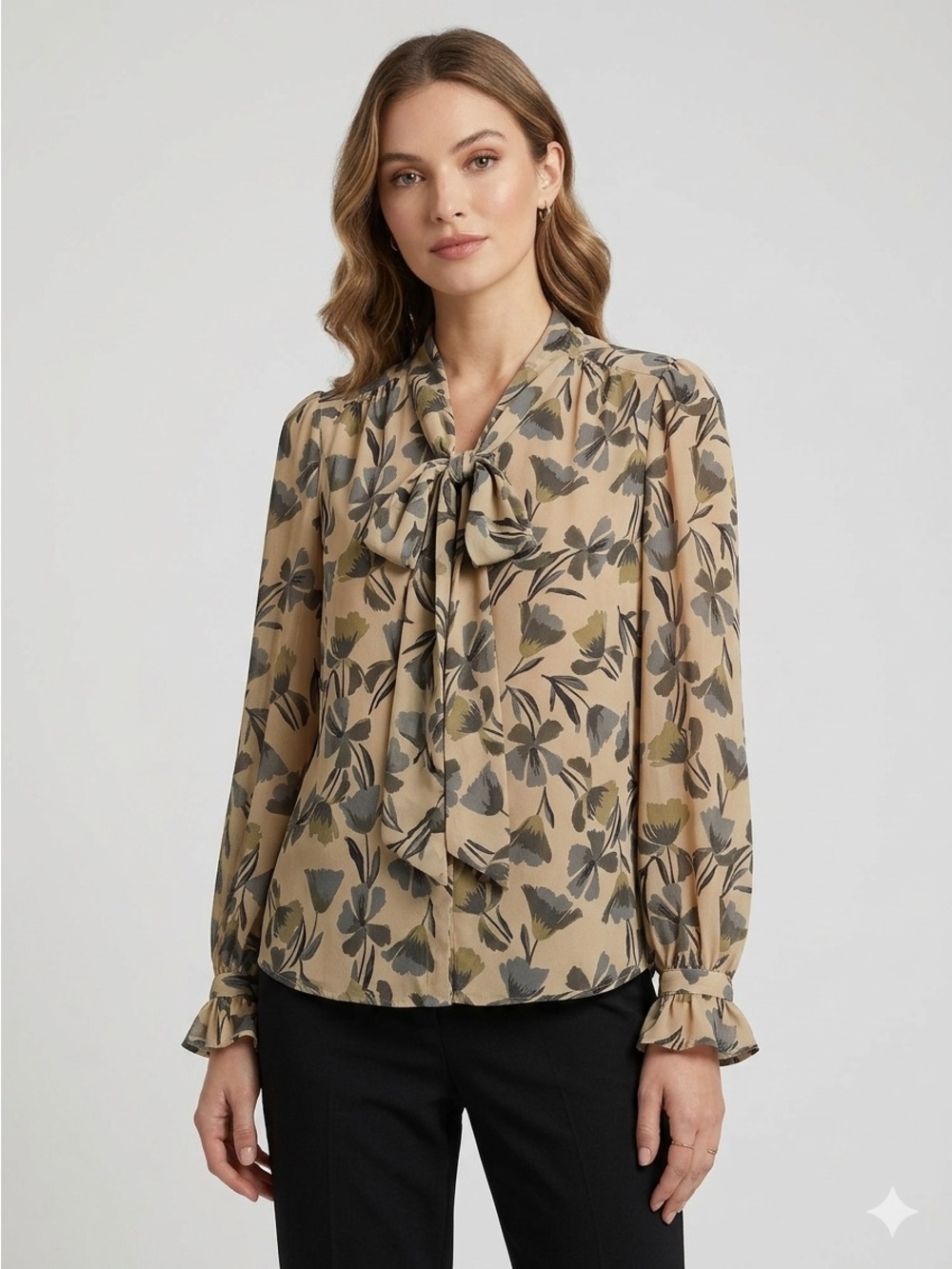 Calvin Klein Women's Bow Tie Floral Blouse Button Down Tan and Black Size PM